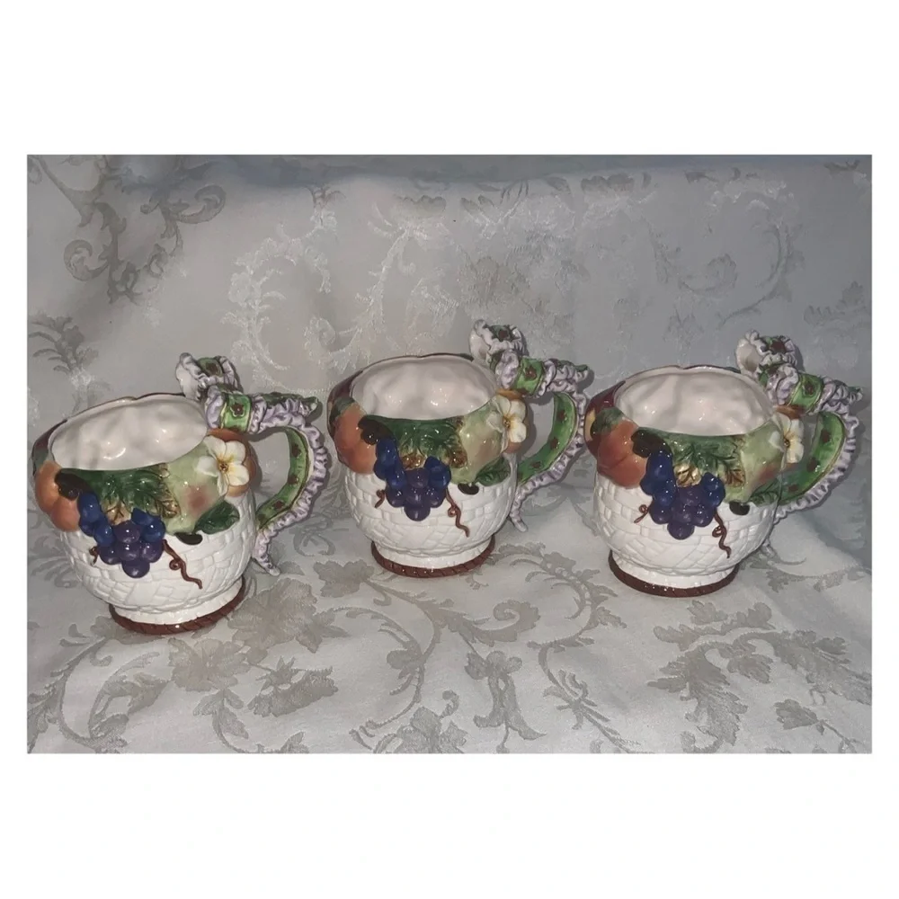 Tea For 3~Vintage 1970’s Colorful Fruit In A Basket~Ceramic Tea Pot & Three Cups
